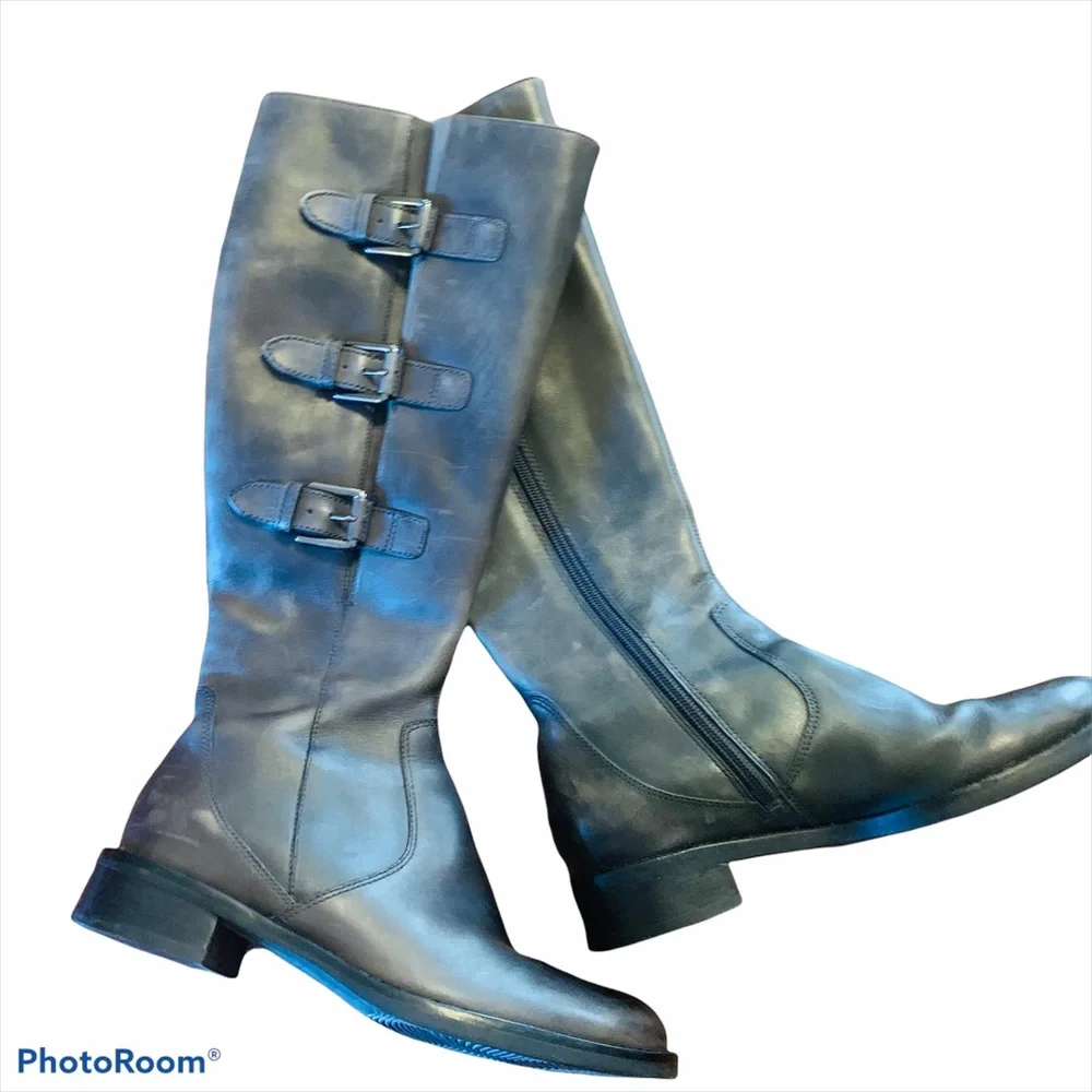 Ecco Hobart Gray Tall Leather Block Heel Boots